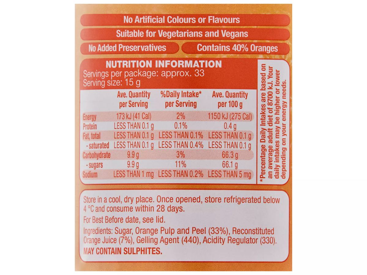 Pack photograph of GRANDESSA Orange Marmalade 500g showing the printed nutrition panel