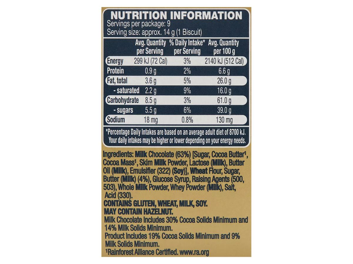 Pack photograph of BELMONT BISCUIT CO. Palazzo Milk Chocolate Biscuits 125g showing the printed nutrition panel