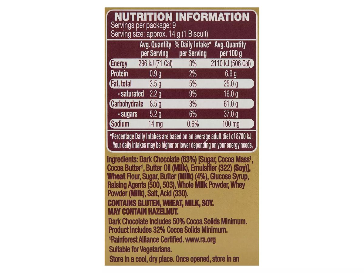 Pack photograph of BELMONT BISCUIT CO. Palazzo Dark Chocolate Biscuits 125g showing the printed nutrition panel