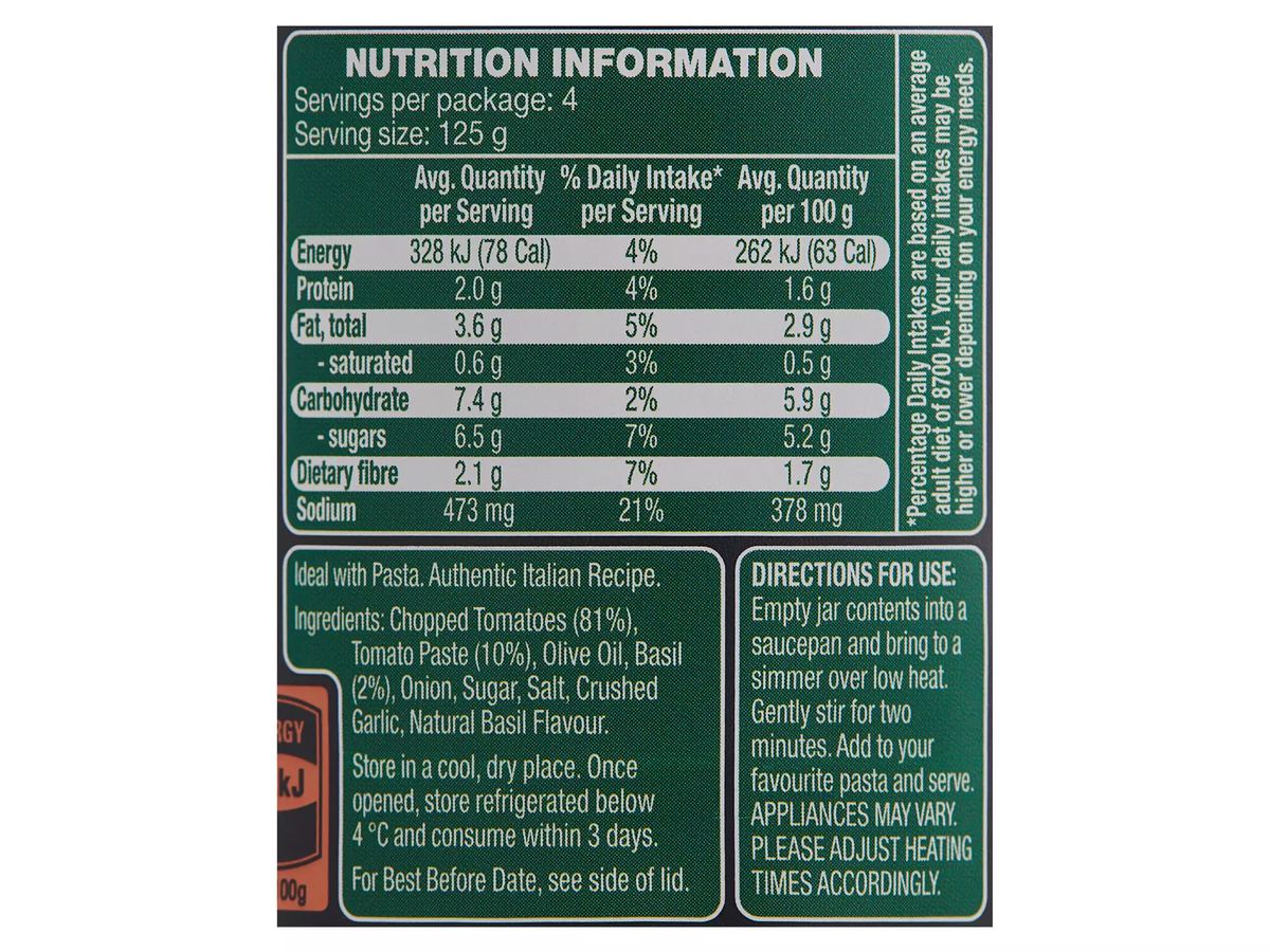 Pack photograph of CASA BARELLI Premium Basilico Pasta Sauce 500g showing the printed nutrition panel