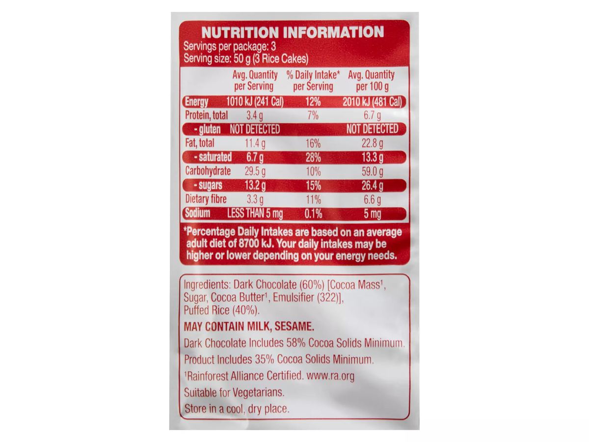 Pack photograph of BELMONT BISCUIT CO. Dark Chocolate Coated Rice Cakes 150g showing the printed nutrition panel