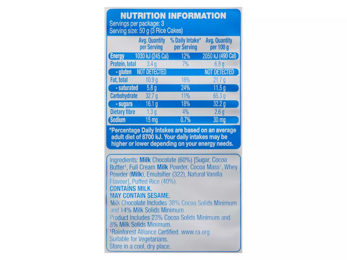 Pack photograph of BELMONT BISCUIT CO. Milk Chocolate Coated Rice Cakes 150g showing the printed nutrition panel