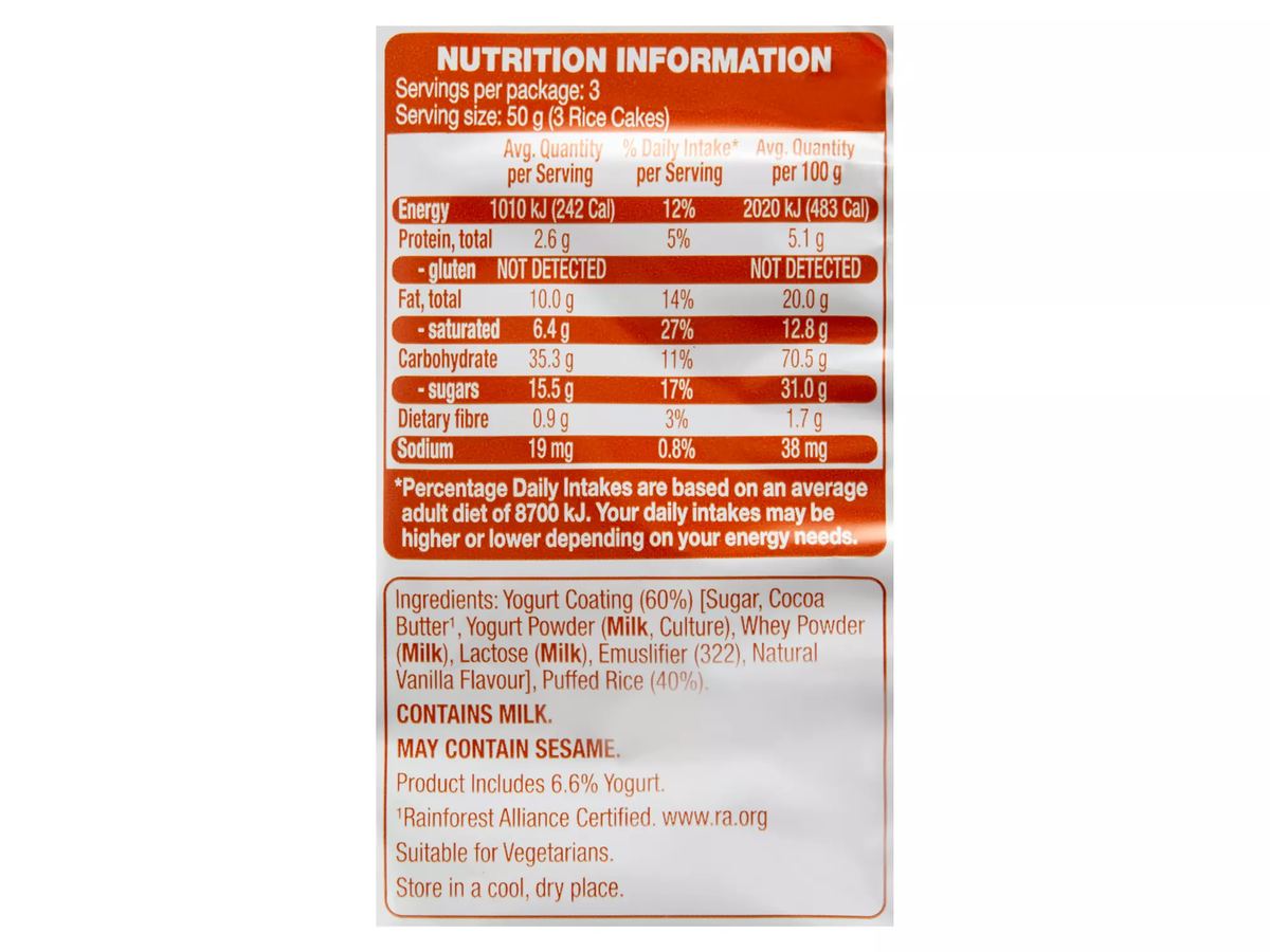 Pack photograph of BELMONT BISCUIT CO. Yogurt Coated Rice Cakes 150g showing the printed nutrition panel