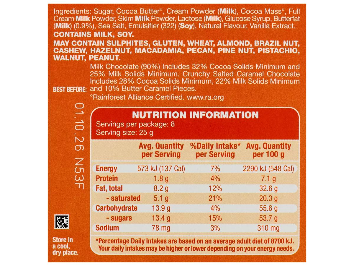 Pack photograph of CHOCEUR Crunchy Salted Caramel Chocolate Block 200g showing the printed nutrition panel
