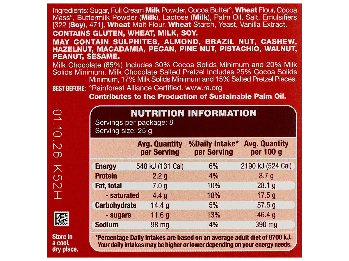 Pack photograph of CHOCEUR Salted Pretzel Chocolate Block 200g showing the printed nutrition panel