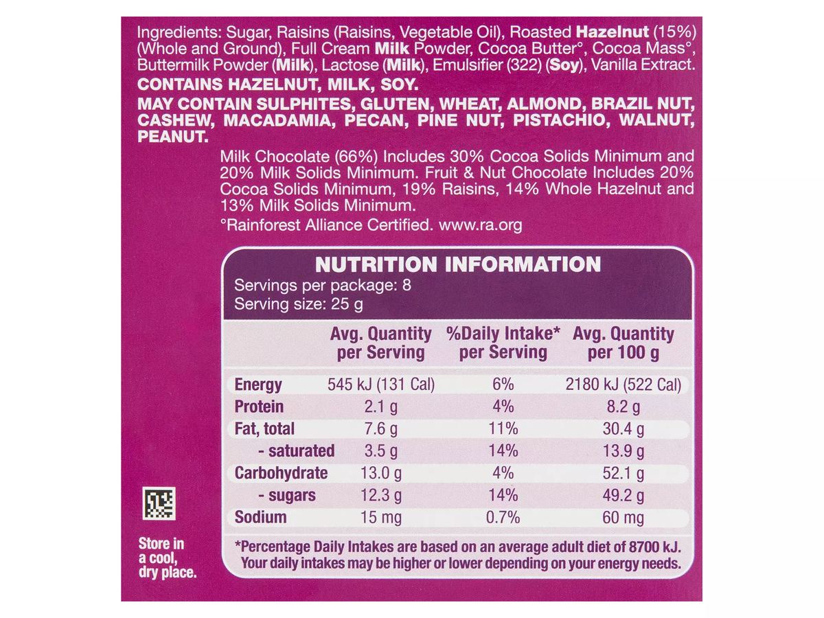 Pack photograph of CHOCEUR Fruit & Nut Chocolate Block 200g showing the printed nutrition panel
