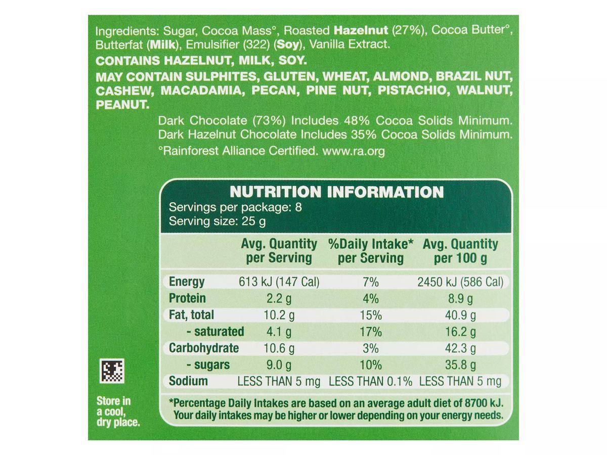Pack photograph of CHOCEUR Dark Hazelnut Chocolate Block 200g showing the printed nutrition panel