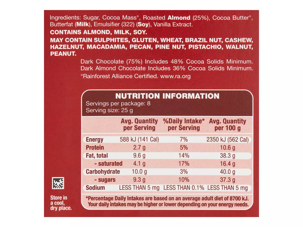 Pack photograph of CHOCEUR Dark Almond Chocolate Block 200g showing the printed nutrition panel