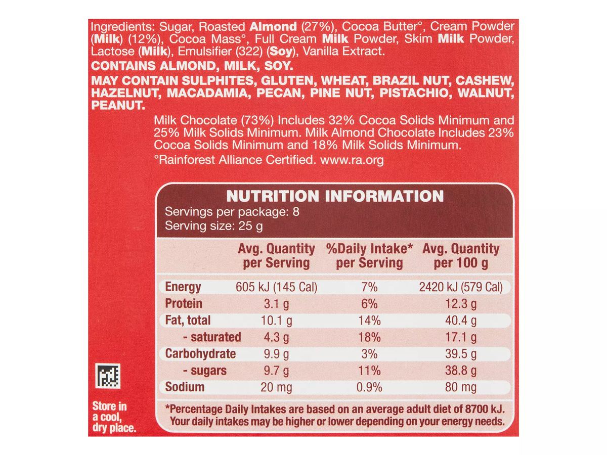 Pack photograph of CHOCEUR Milk Almond Chocolate Block 200g showing the printed nutrition panel