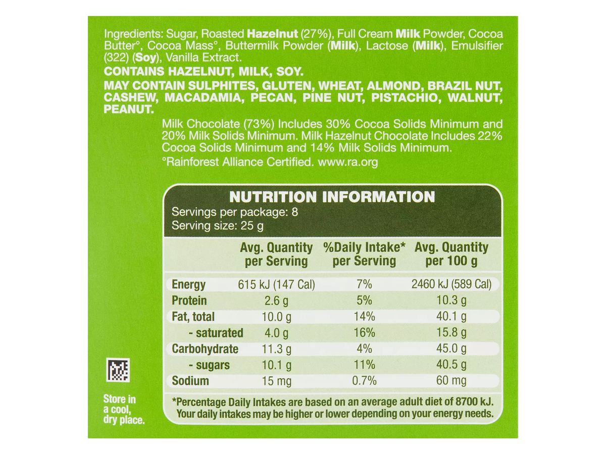 Pack photograph of CHOCEUR Milk Hazelnut Chocolate Block 200g showing the printed nutrition panel