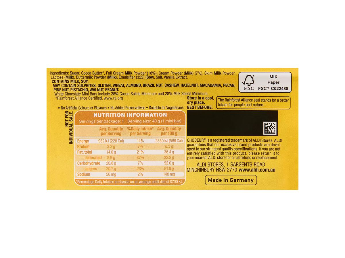 Pack photograph of CHOCEUR Mini White Chocolate Bars 5 Pack 200g showing the printed nutrition panel