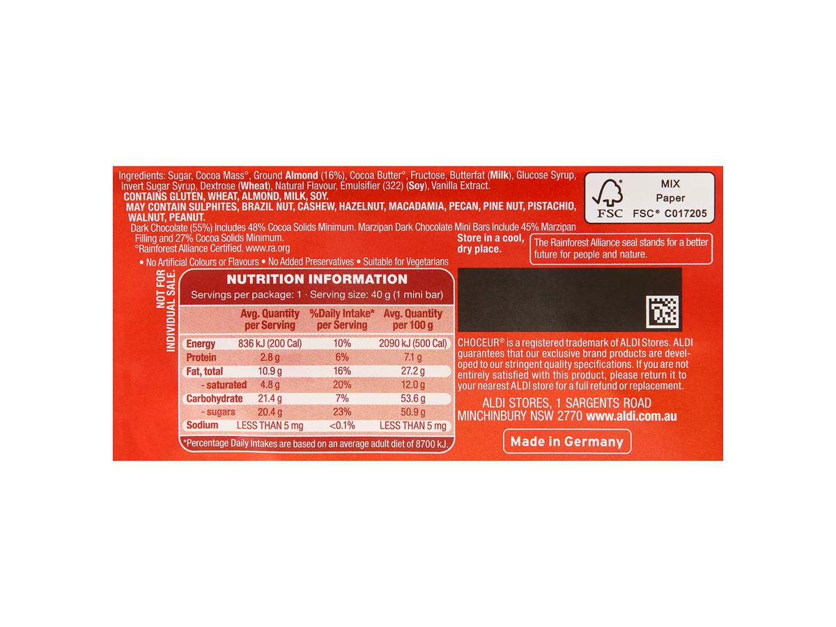 Pack photograph of CHOCEUR Mini Marzipan Chocolate Bars 5 Pack 200g showing the printed nutrition panel