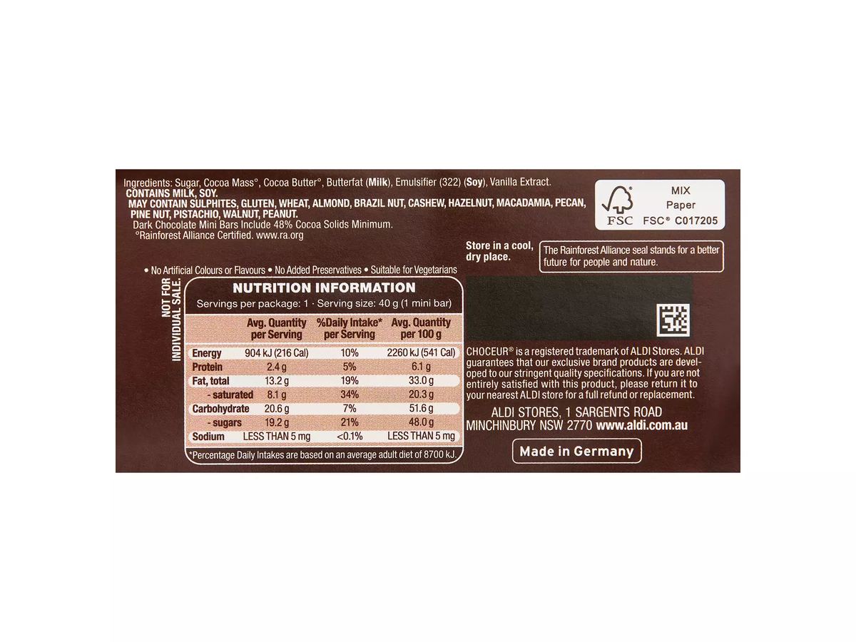 Pack photograph of CHOCEUR Mini Dark Chocolate Bars 5 Pack 200g showing the printed nutrition panel