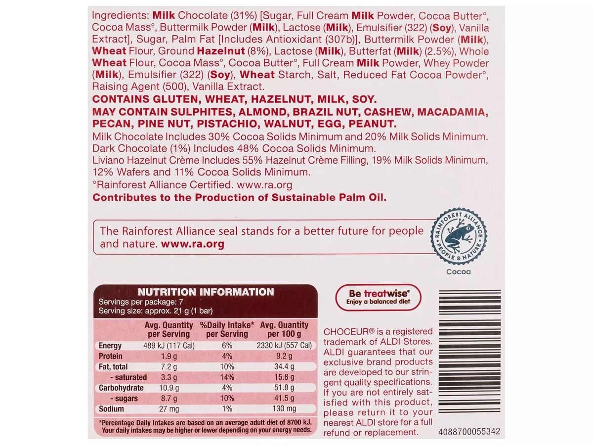 Pack photograph of CHOCEUR Liviano Hazelnut Crème 150g showing the printed nutrition panel