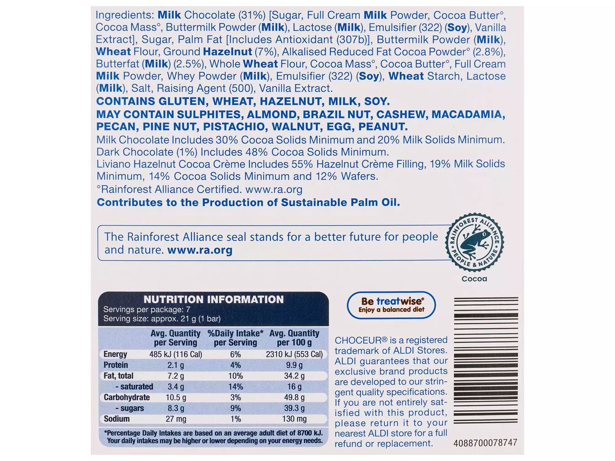 Pack photograph of CHOCEUR Liviano Hazelnut Cocoa 150g showing the printed nutrition panel