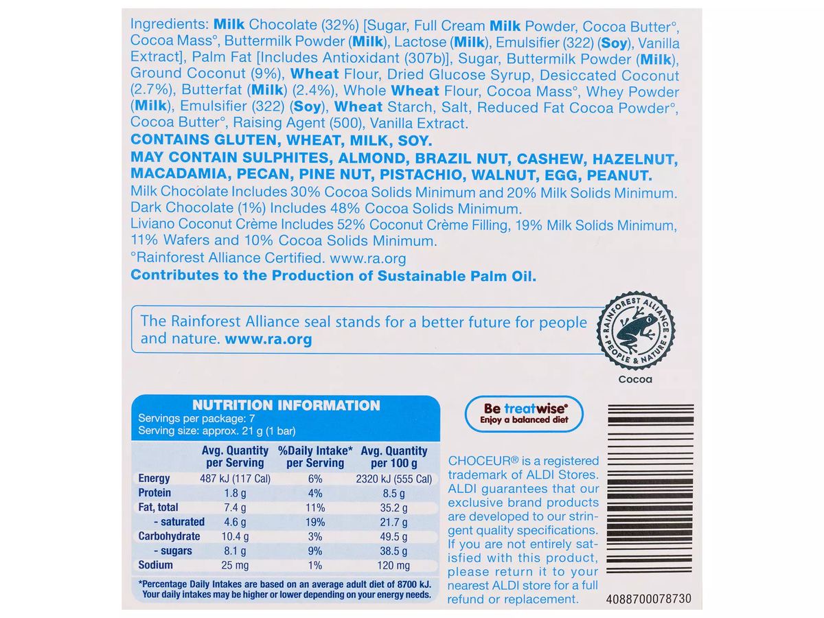 Pack photograph of CHOCEUR Liviano Coconut Crème 150g showing the printed nutrition panel
