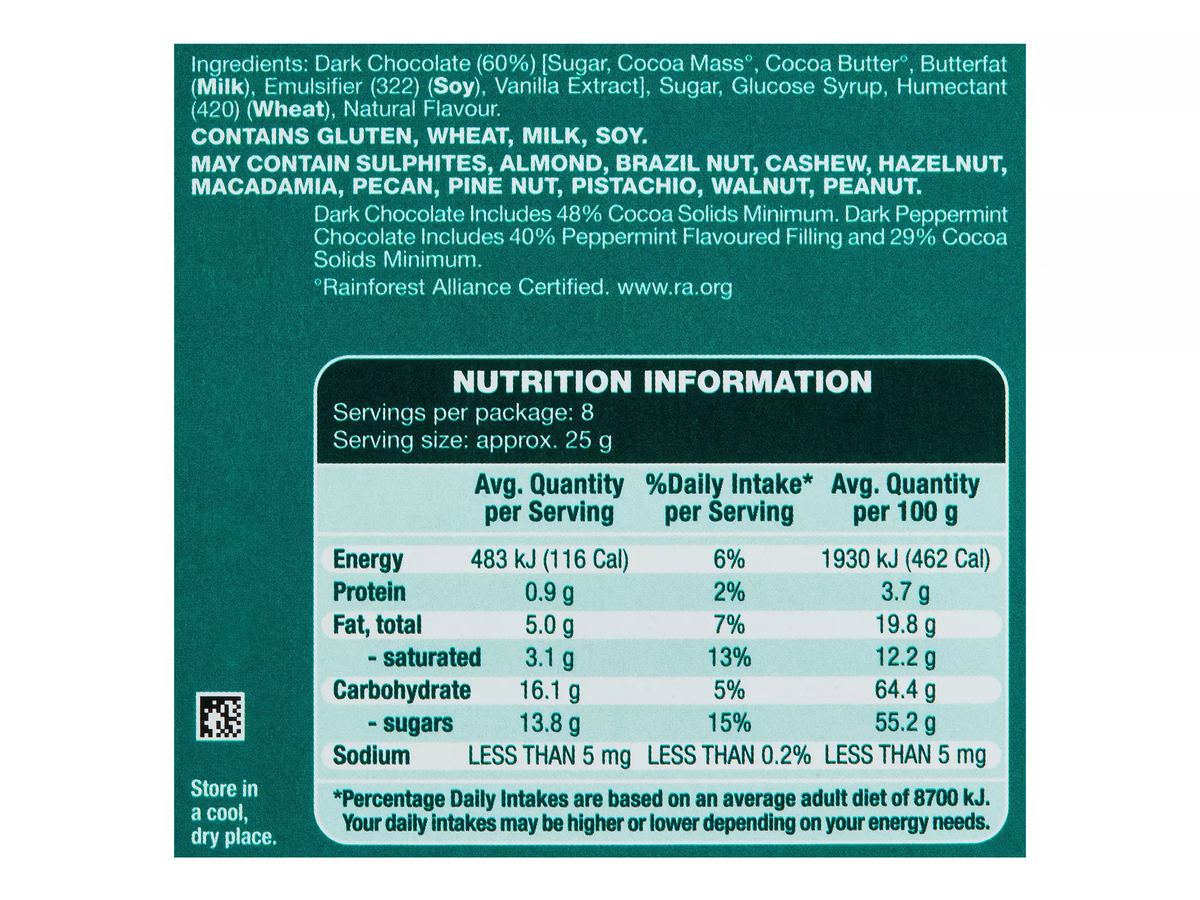 Pack photograph of CHOCEUR Dark Peppermint Chocolate Block 205g showing the printed nutrition panel