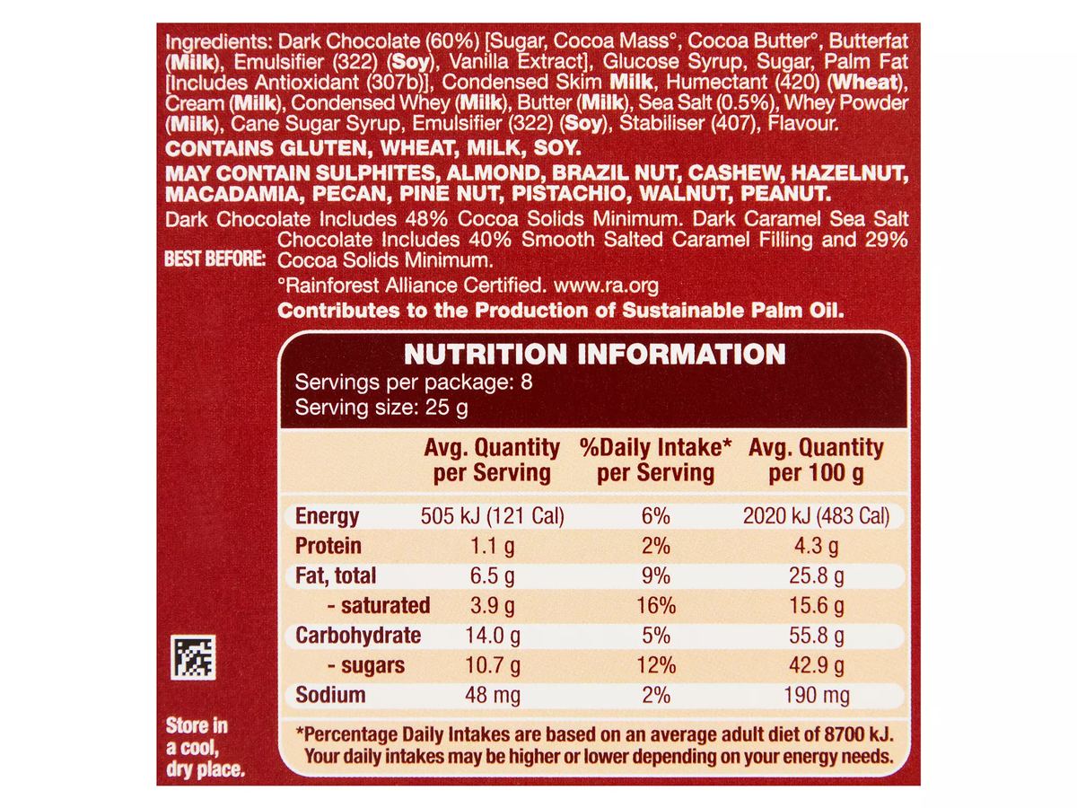 Pack photograph of CHOCEUR Dark Caramel Sea Salt Chocolate Block 200g showing the printed nutrition panel