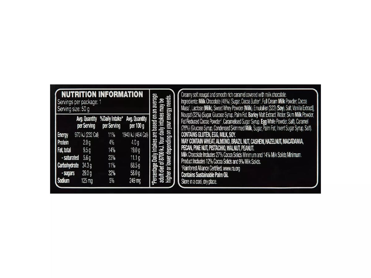 Pack photograph of DAIRYFINE Titan Chocolate 50g showing the printed nutrition panel
