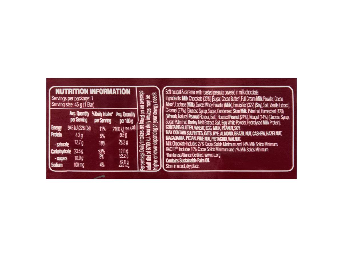 Pack photograph of DAIRYFINE Racer Chocolate 45g showing the printed nutrition panel