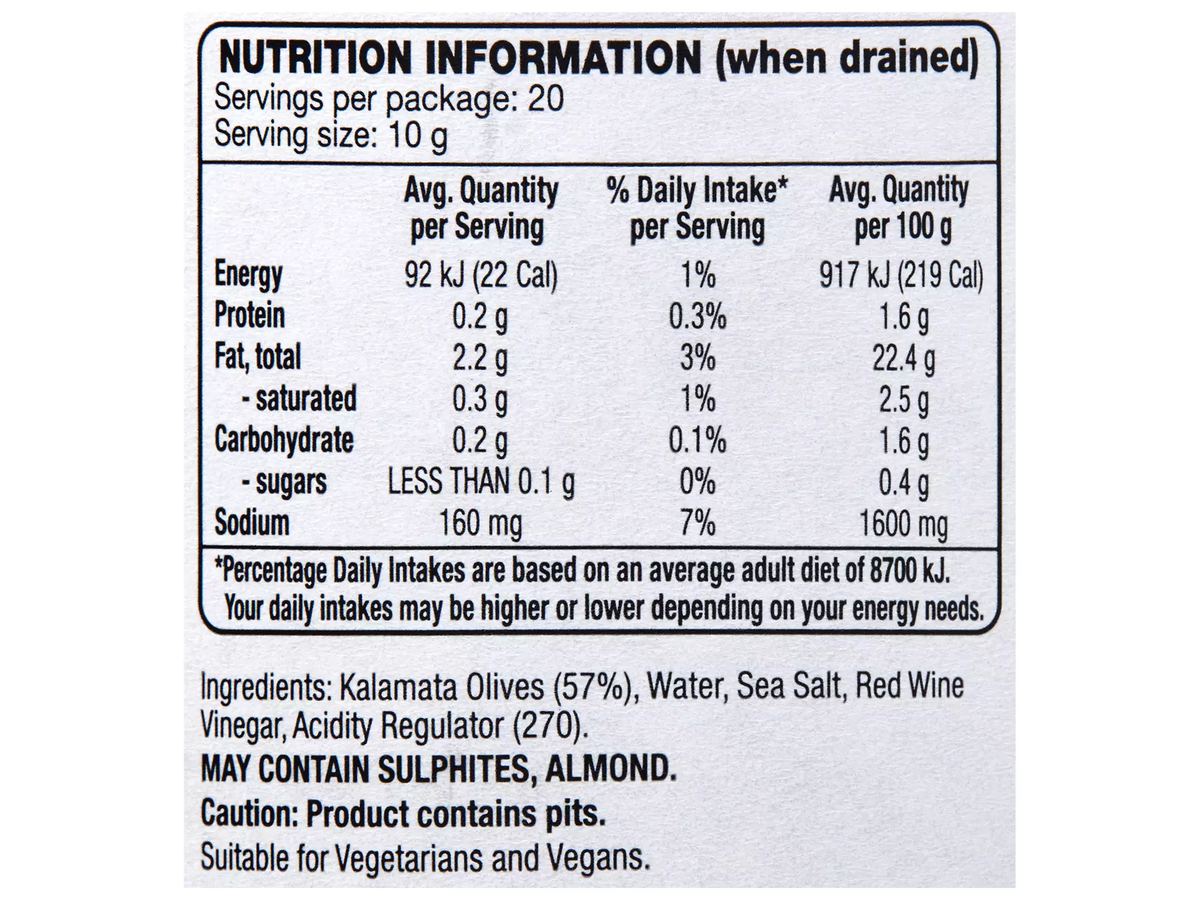 Pack photograph of DELI ORIGINALS Whole Kalamata Olives 350g showing the printed nutrition panel