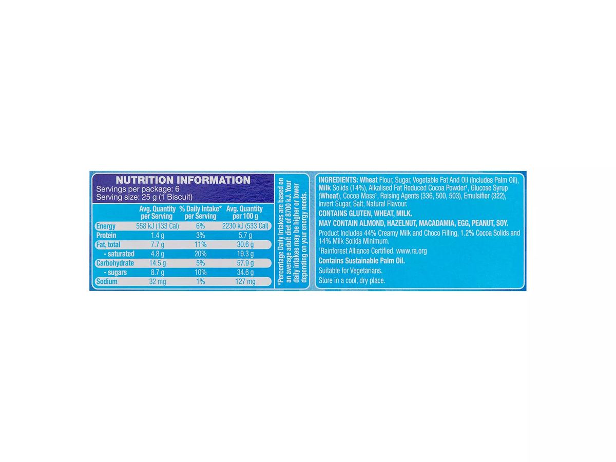 Pack photograph of BELMONT BISCUIT CO. Skadoos Milkshake Biscuit Bars 150g showing the printed nutrition panel