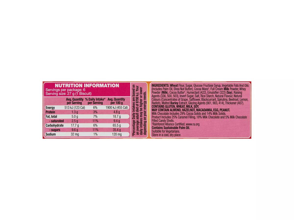 Pack photograph of BELMONT BISCUIT CO. Skadoos Buttonbix Biscuit Bars 162g showing the printed nutrition panel