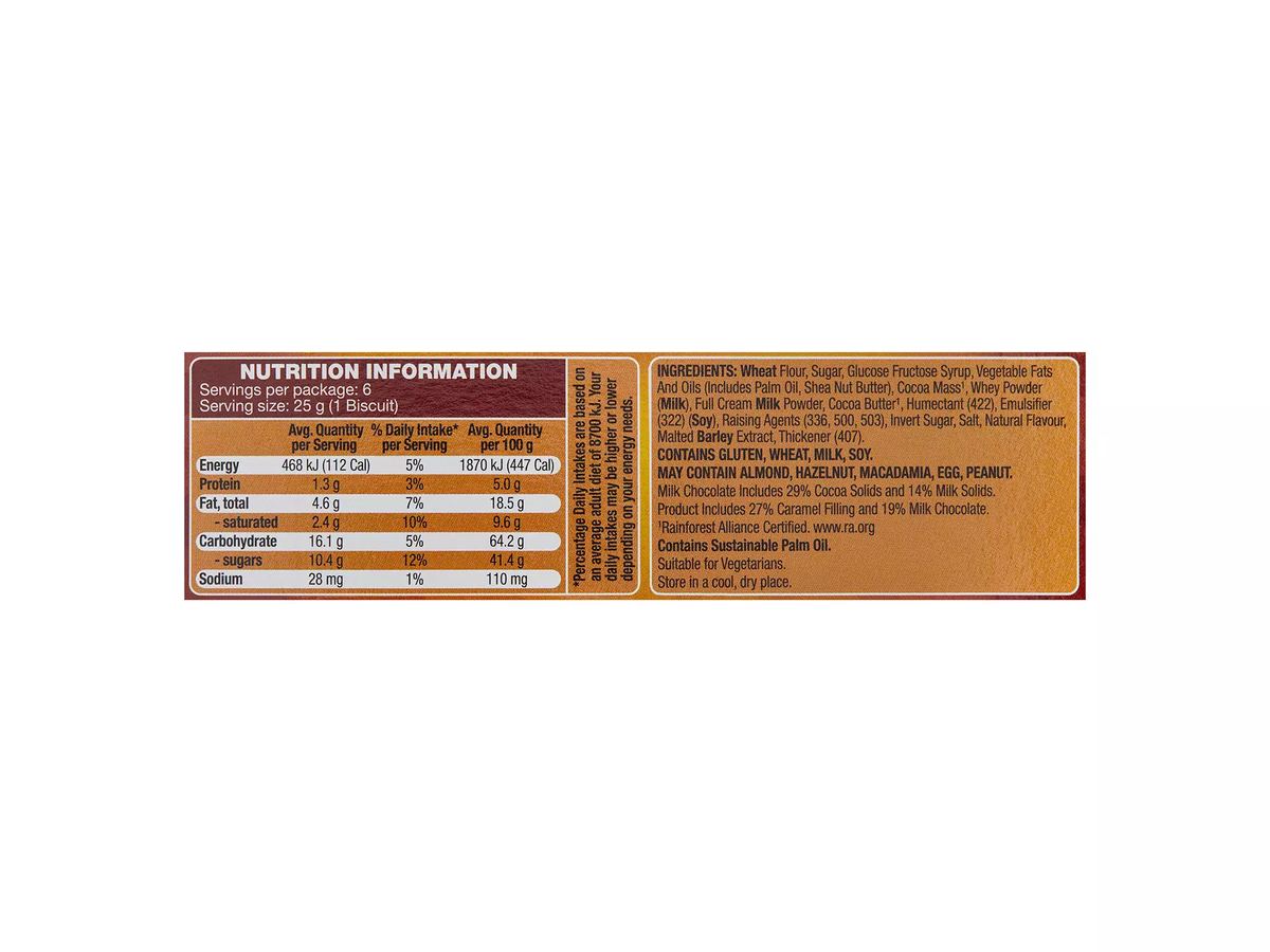 Pack photograph of BELMONT BISCUIT CO. Skadoos Caramel Biscuit Bars 150g showing the printed nutrition panel