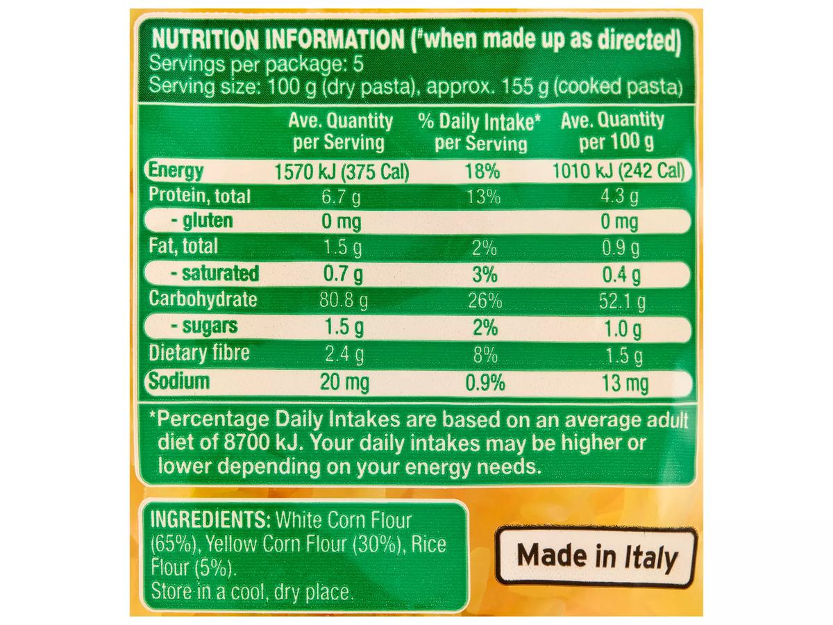 Pack photograph of REMANO Gluten Free Spirals 500g showing the printed nutrition panel