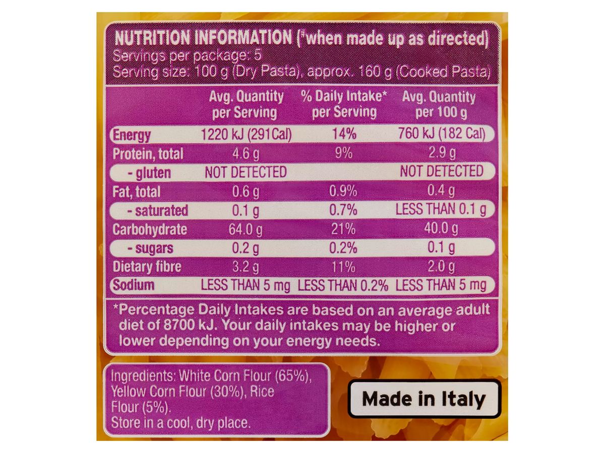 Pack photograph of REMANO Gluten Free Penne 500g showing the printed nutrition panel