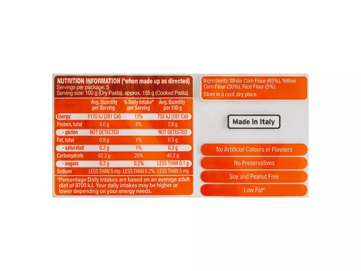 Pack photograph of REMANO Gluten Free Spaghetti 500g showing the printed nutrition panel