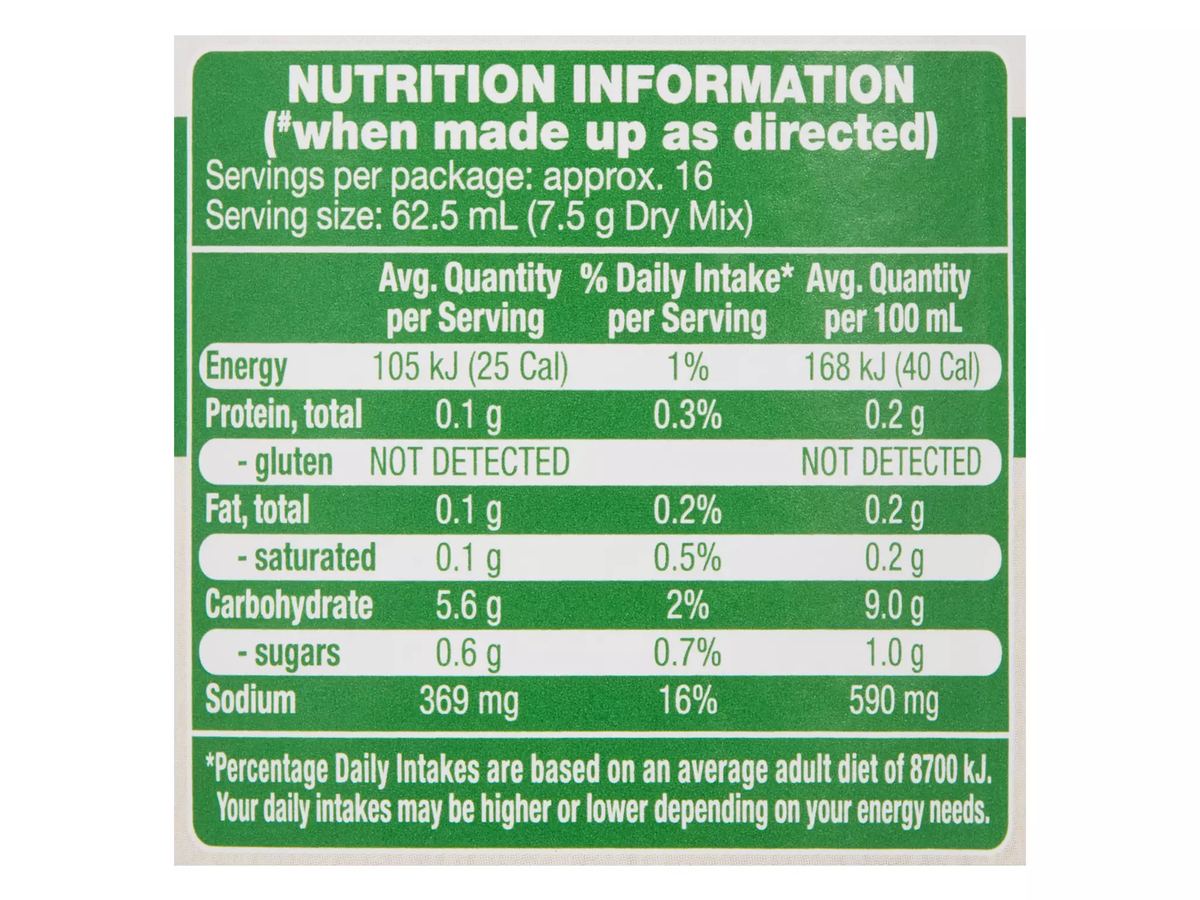 Pack photograph of CHEFS' CUPBOARD Instant Gravy Mix Chicken Flavoured 120g showing the printed nutrition panel