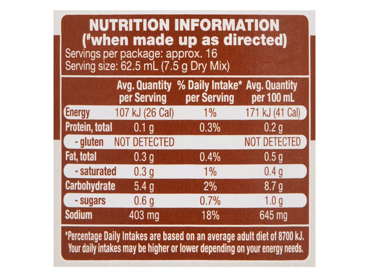Pack photograph of CHEFS' CUPBOARD Instant Gravy Mix Traditional Flavoured 120g showing the printed nutrition panel