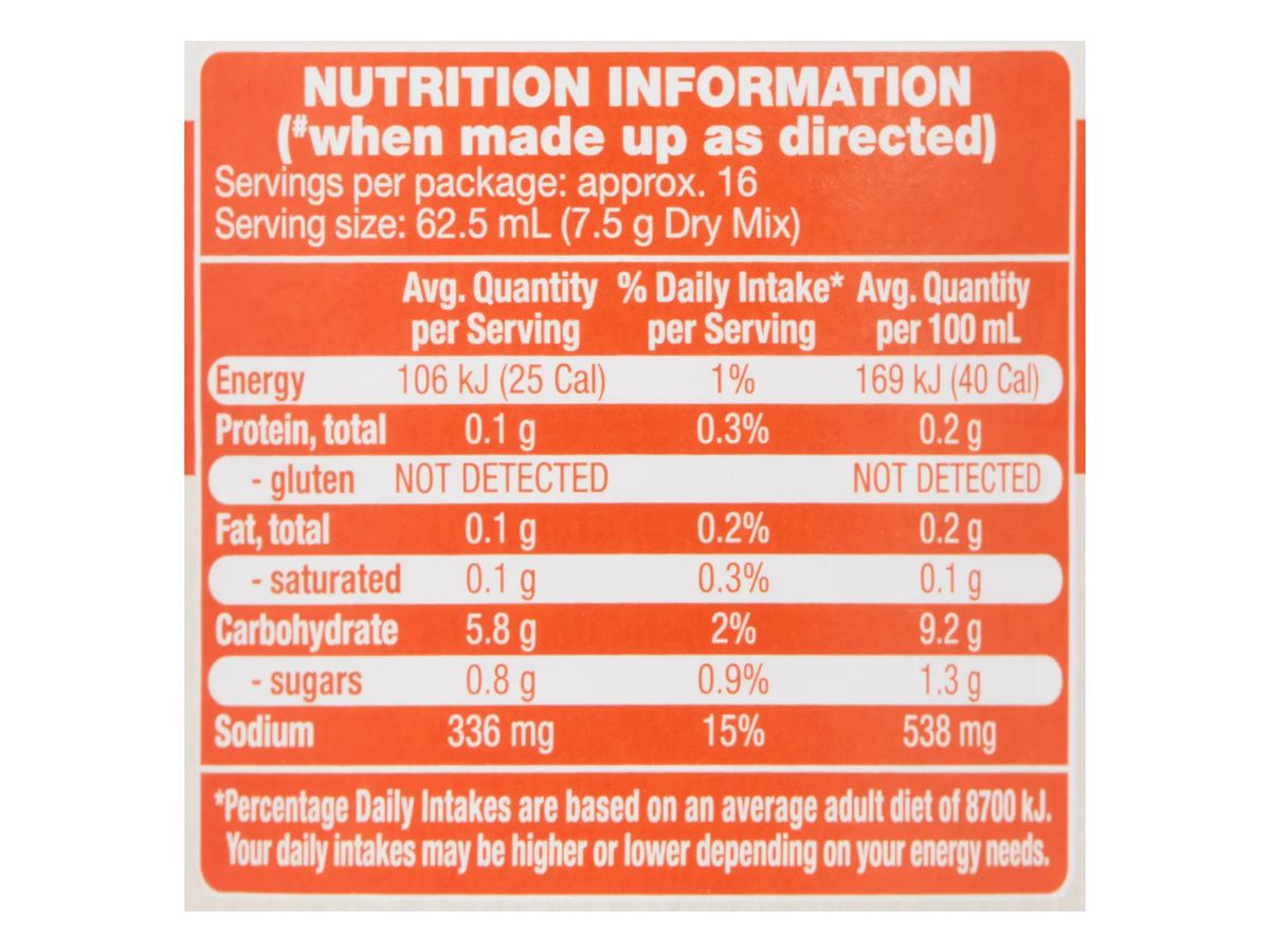 Pack photograph of CHEFS' CUPBOARD Instant Gravy Mix Roast Meat Flavoured 120g showing the printed nutrition panel