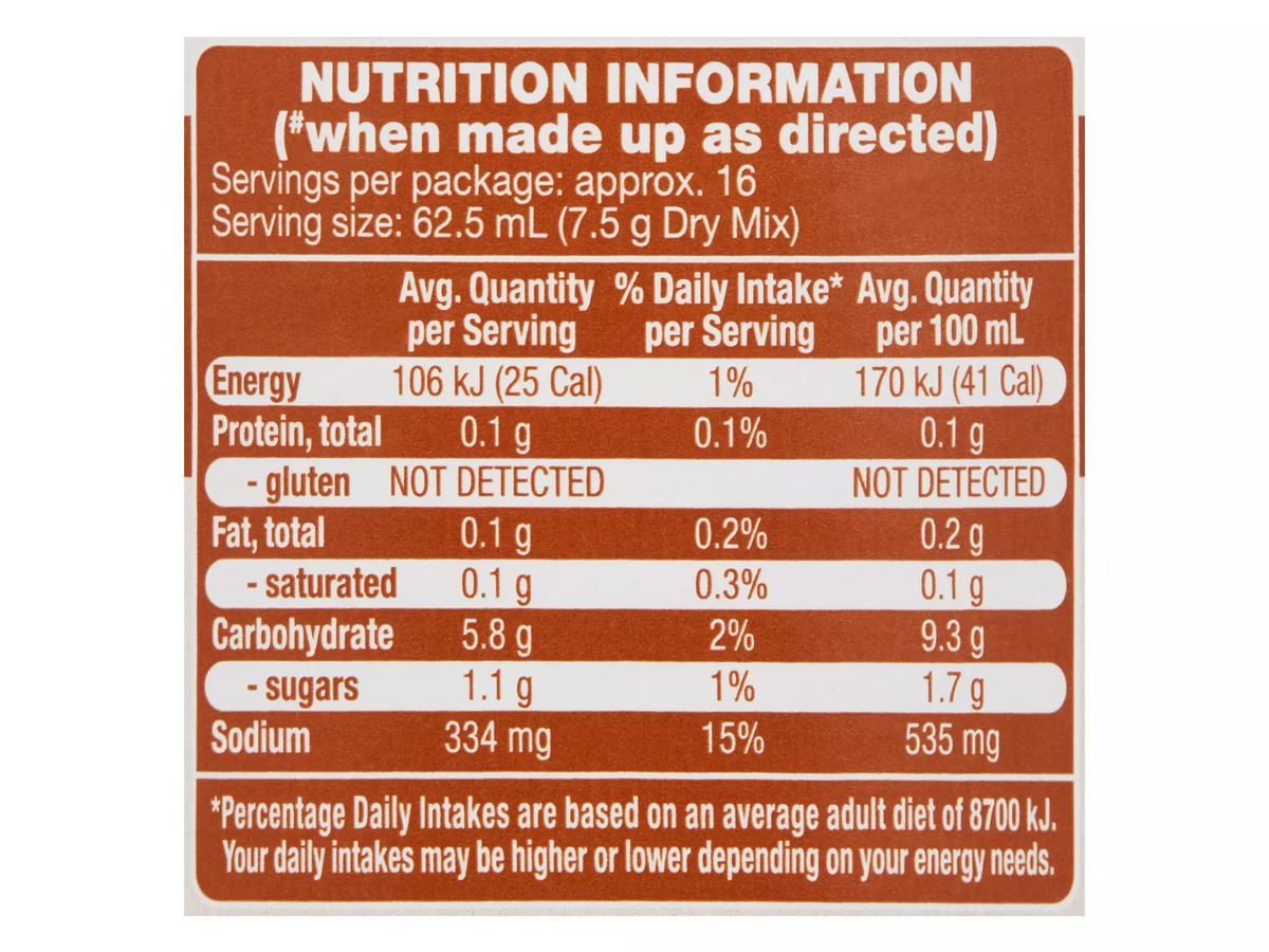 Pack photograph of CHEFS' CUPBOARD Instant Gravy Mix Brown Onion Flavoured 120g showing the printed nutrition panel