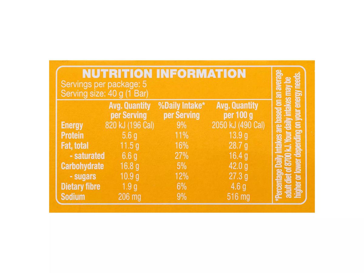 Pack photograph of HILLCREST Protein Oat Bars Peanut Butter 5 Pack 200g showing the printed nutrition panel