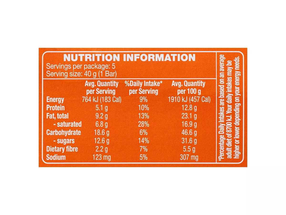 Pack photograph of HILLCREST Protein Oat Bars Dark Choc 5 Pack 200g showing the printed nutrition panel