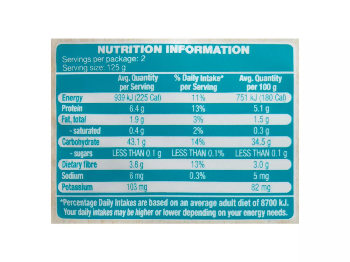 Pack photograph of IMPERIAL GRAIN Microwave Rice Brown Rice & Chia 250g showing the printed nutrition panel