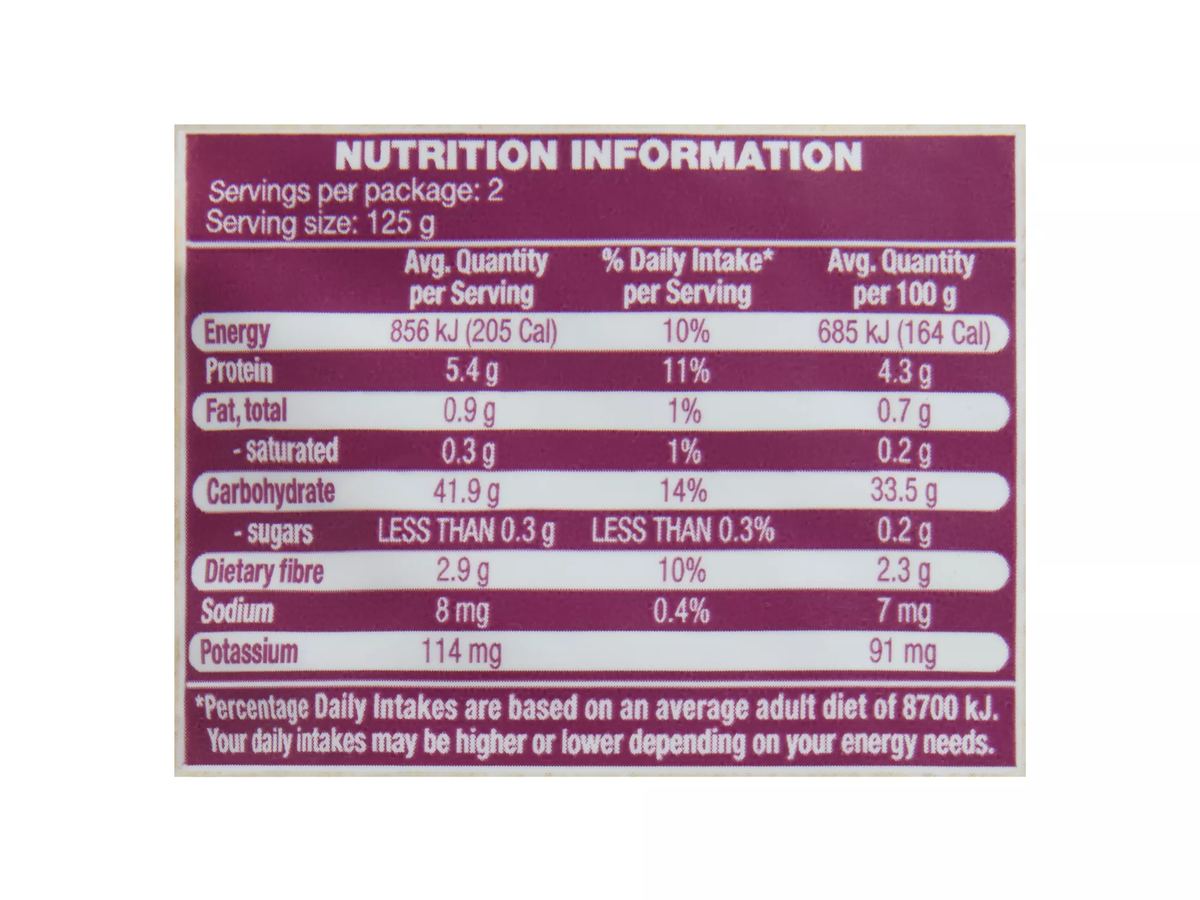 Pack photograph of IMPERIAL GRAIN Microwave Rice Brown Rice & Quinoa 250g showing the printed nutrition panel
