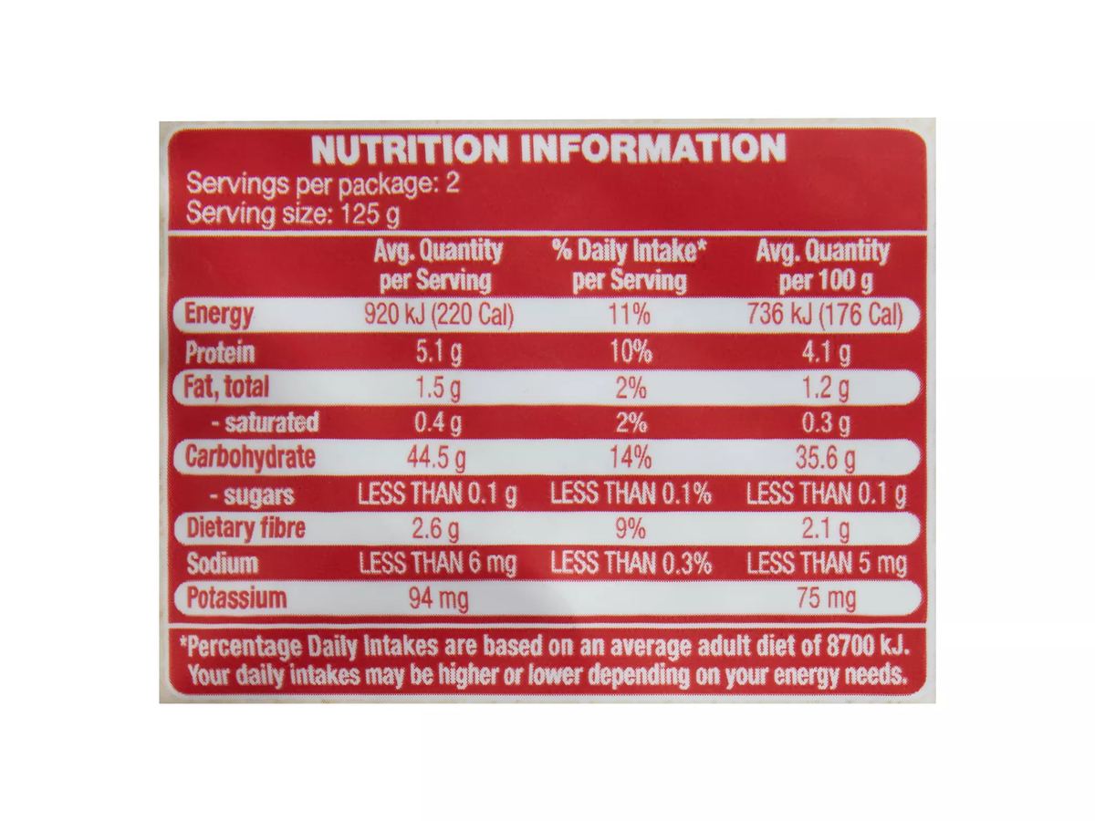 Pack photograph of IMPERIAL GRAIN Microwave Rice Brown & Red Rice 250g showing the printed nutrition panel