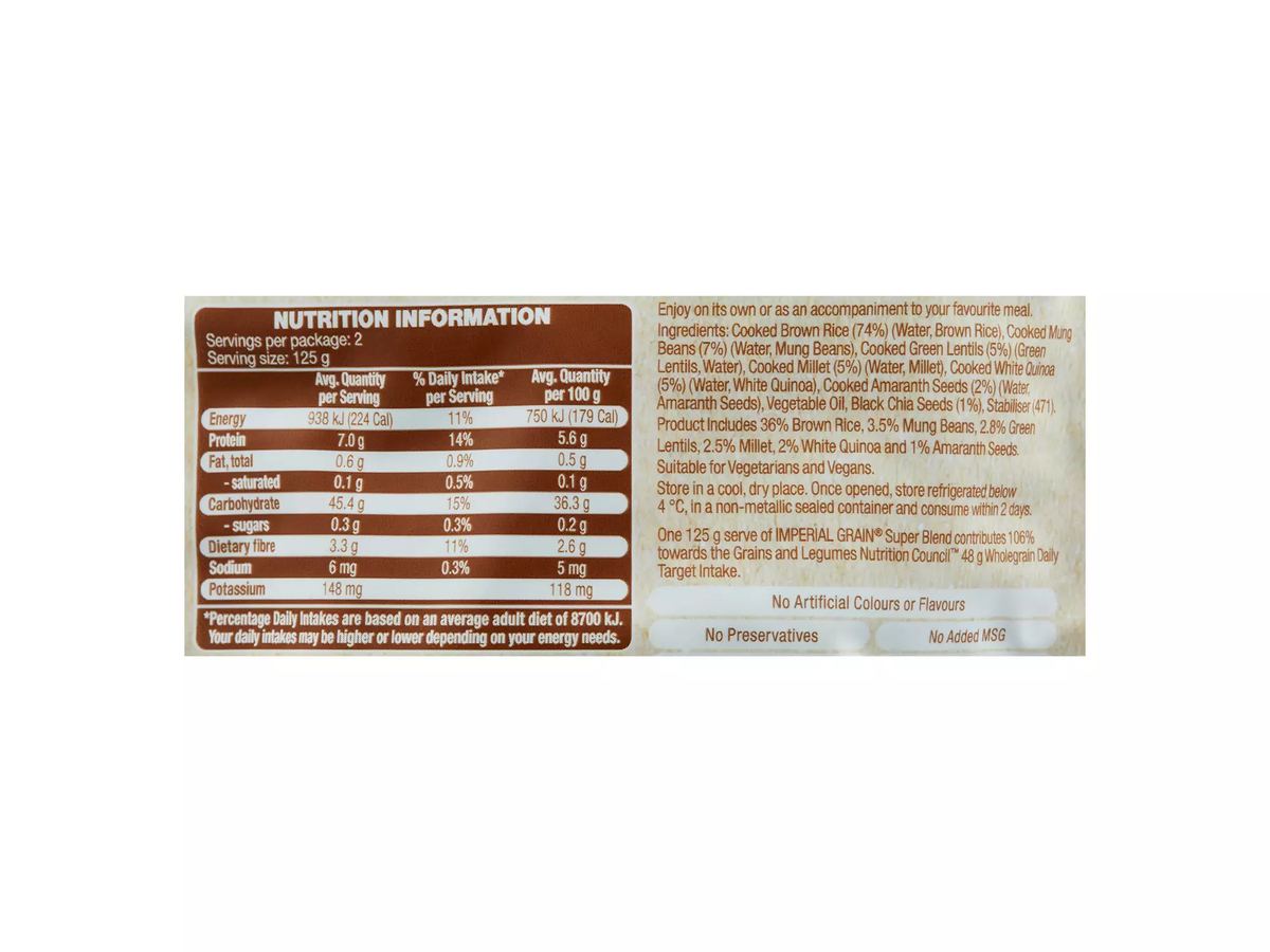 Pack photograph of IMPERIAL GRAIN Super Blend Microwave Rice Pouch 250g showing the printed nutrition panel