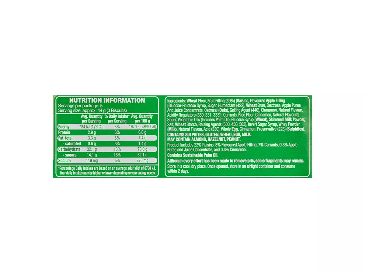 Pack photograph of BELMONT BISCUIT CO. Apple Flavoured Fruit Bakes Biscuits 218g showing the printed nutrition panel