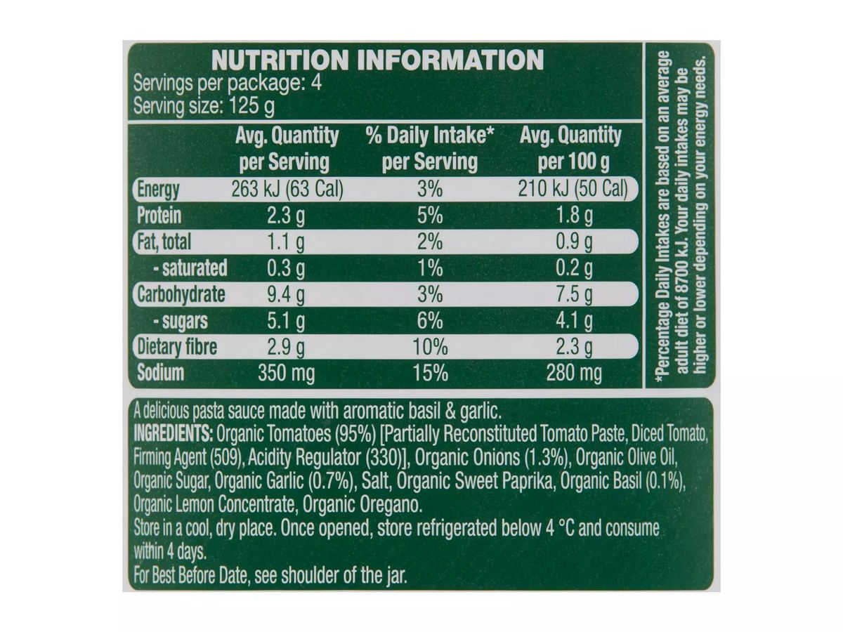 Pack photograph of REMANO Organic Basil & Garlic Pasta Sauce 500g showing the printed nutrition panel