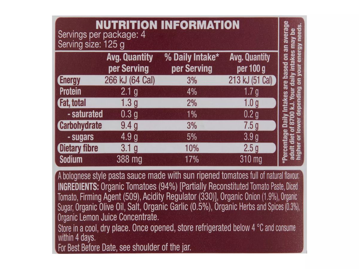 Pack photograph of REMANO Organic Bolognese Pasta Sauce 500g showing the printed nutrition panel