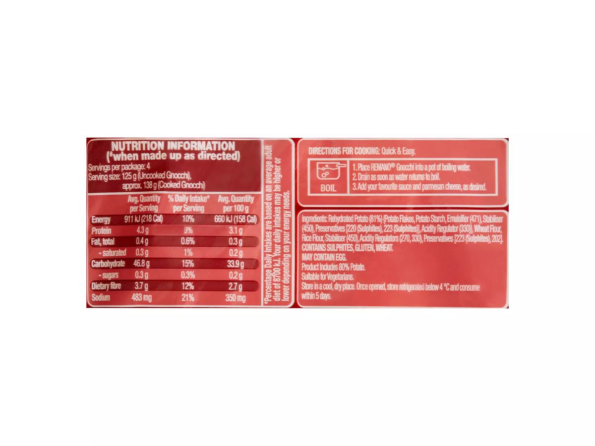 Pack photograph of REMANO Potato Gnocchi 500g showing the printed nutrition panel