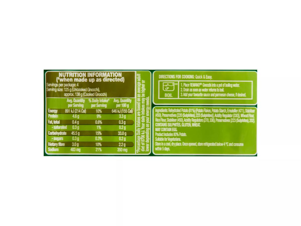 Pack photograph of REMANO Potato Gnocchi Mini 500g showing the printed nutrition panel