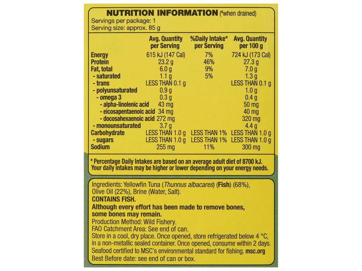 Pack photograph of OCEAN RISE Yellowfin Tuna Slices In Olive Oil 125g showing the printed nutrition panel