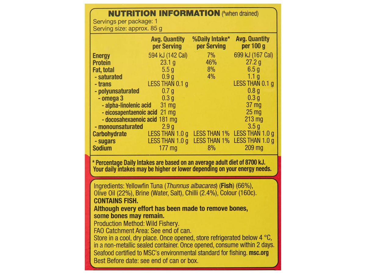 Pack photograph of OCEAN RISE Yellowfin  Tuna Slices in Oil with Chilli 125g showing the printed nutrition panel