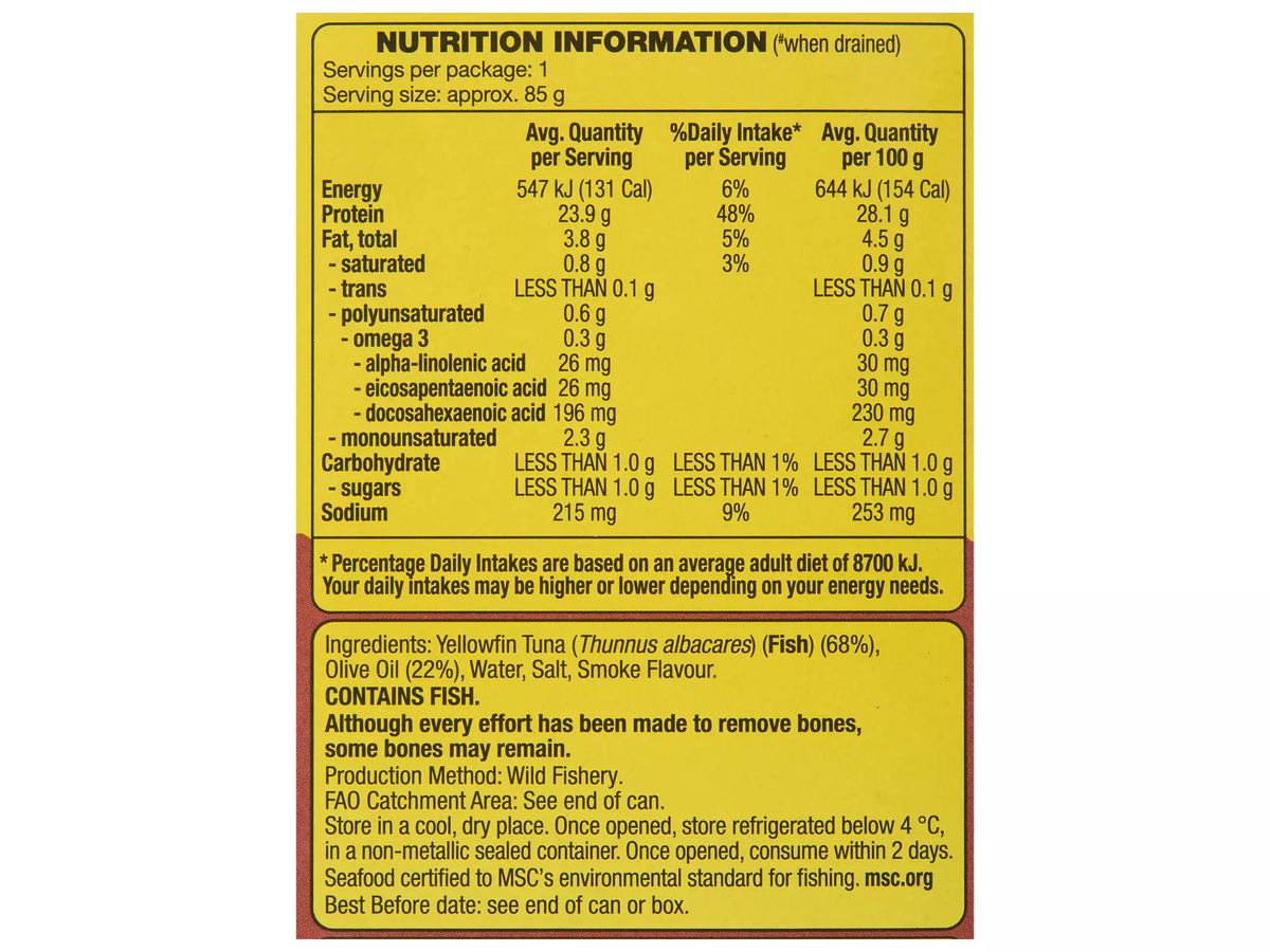 Pack photograph of OCEAN RISE Yellowfin Tuna Slices Smoke Flavoured In Olive Oil 125g showing the printed nutrition panel