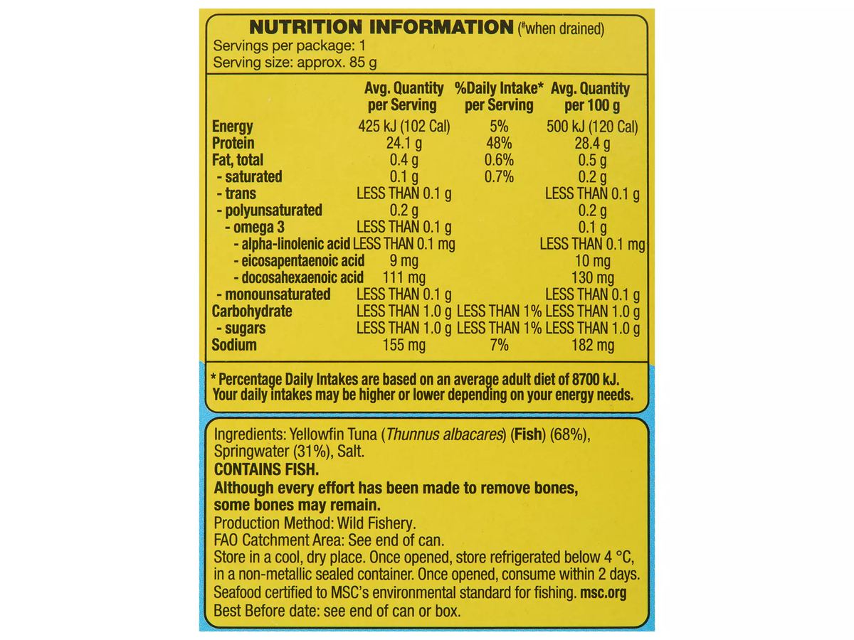 Pack photograph of OCEAN RISE Yellowfin Tuna Slices In Springwater 125g showing the printed nutrition panel